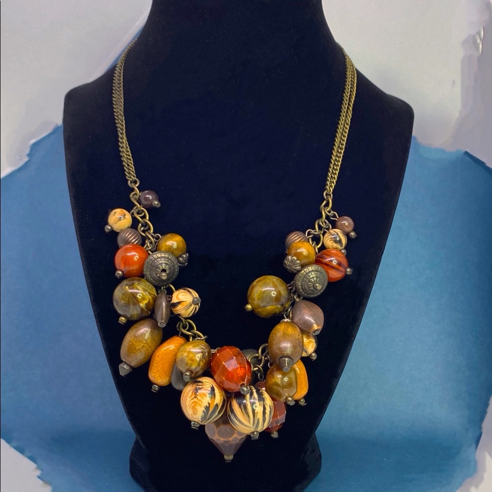Vintage Wood~Glass~Metal Bauble Bib Necklace